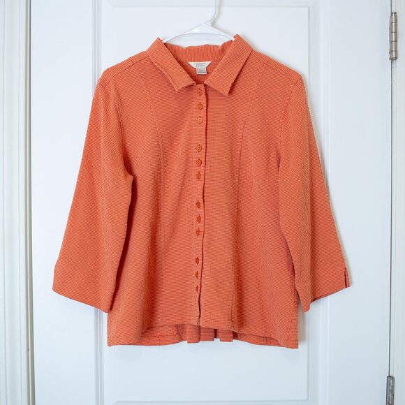 Warm Orange Waffle Knit Button Up Shirt M | Textured Cotton | Pleated Back - Picture 1 of 8